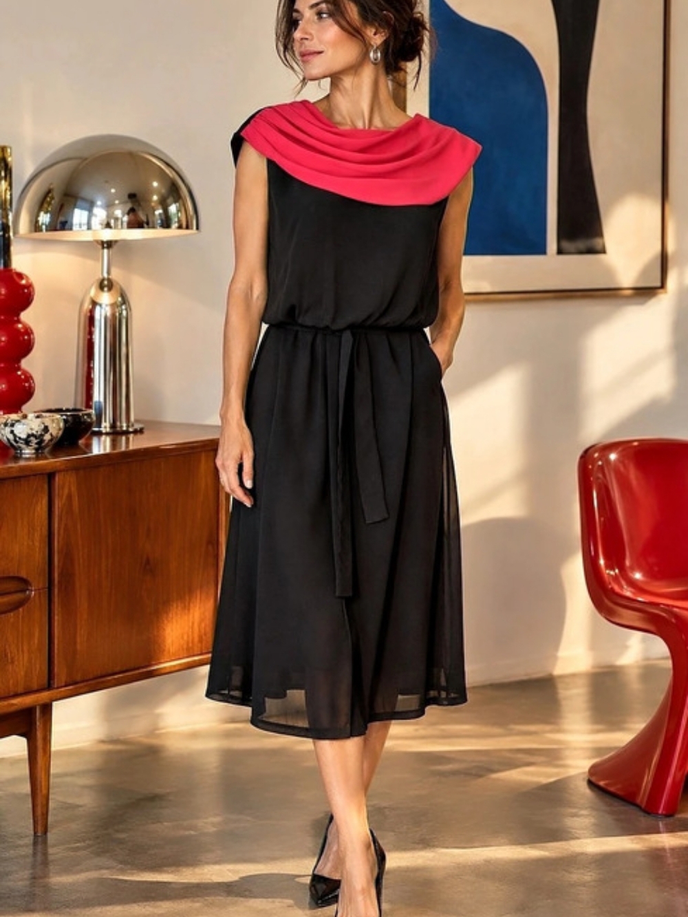 Vintage Date Mate Black & Hot Pink Cowl Neck Midi Dress Made in Canada Size 4